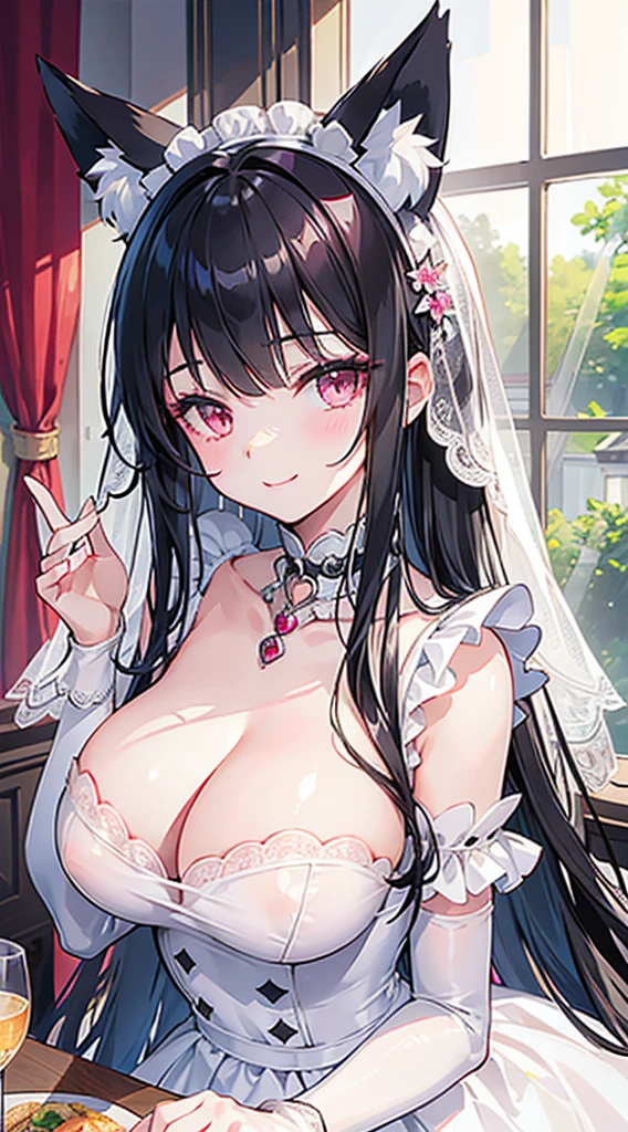 high quality, masterpiece, super detailed, 1 girl, extremely detailed faces, Wedding dress,White maid outfit,White fishnet stockings,handcuffs,collar,Calm expression,Smile,handcuffs,collar,long black hair, charming pink eyes, fox ears, Ridiculously big, shiny skin, Dining room