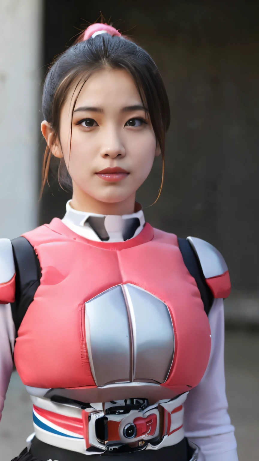 (highest quality、8K、32k、masterpiece、UHD:1.2、perfect body beauty:1.5、Wearing a shiny pale pink and white hero protector:1.8、Cute 25 year old Japan woman、big and full breasts:1.5、ponytail、Upper body、front、dynamic pose:1.5、NSWF:1.5