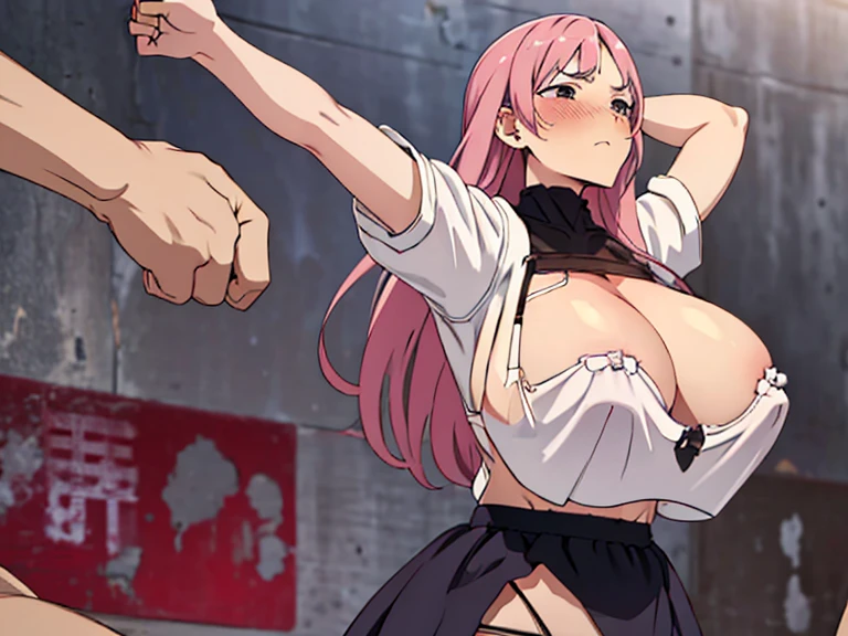 damaged underwear,Pierced underwear,huge breasts,blush,Gasping lightly,Battle damage,seriously injured,holes in clothes,holes in clothes,weak,pain,Beaten,Back against the wall,Hit by a heavy fist in the abdomen