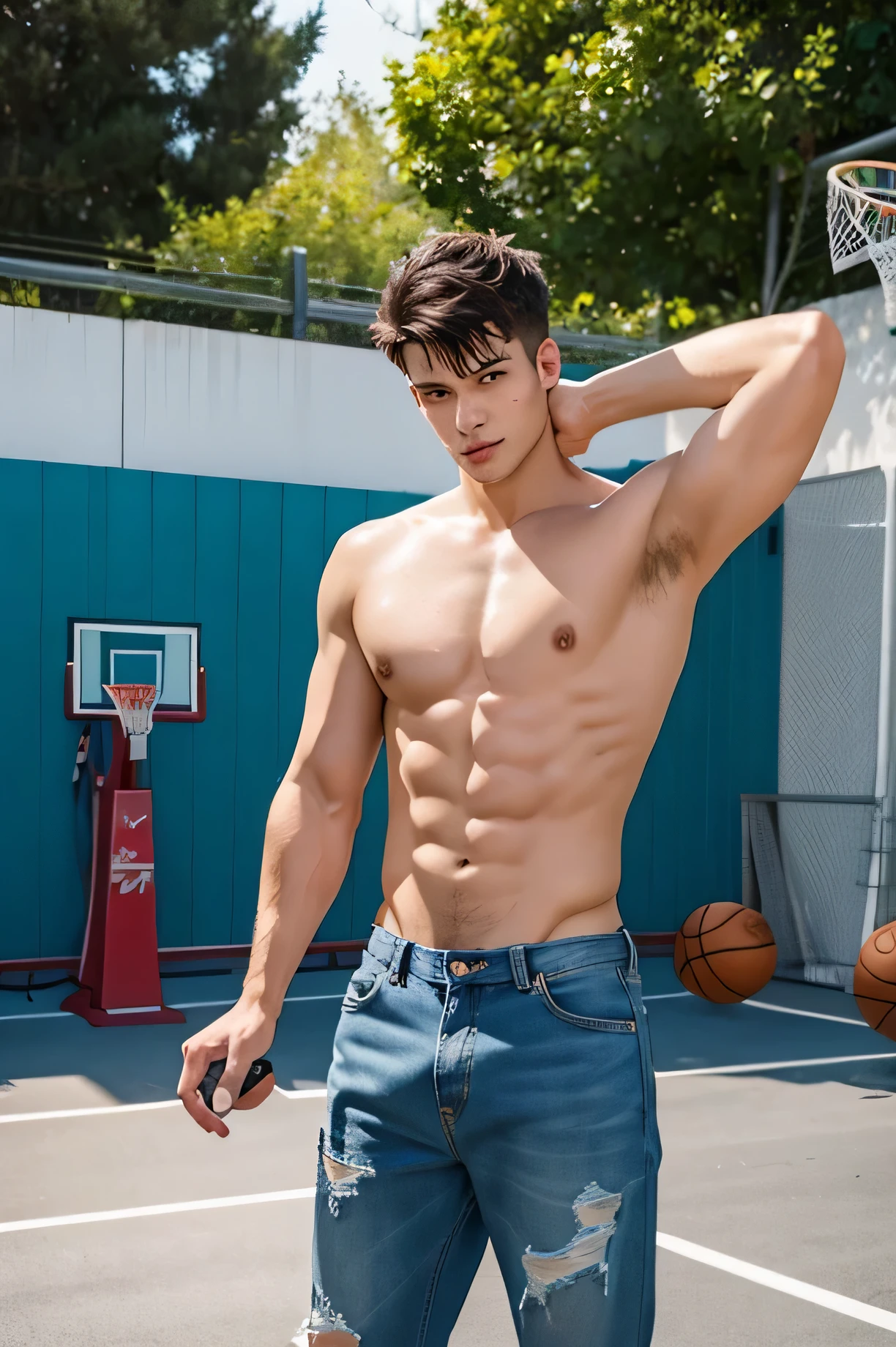 shirtless sweat-drenched 22-year old short black hair caucasian male, tattered jeans, drenched with sweat, playing basketball outdoor basketball court