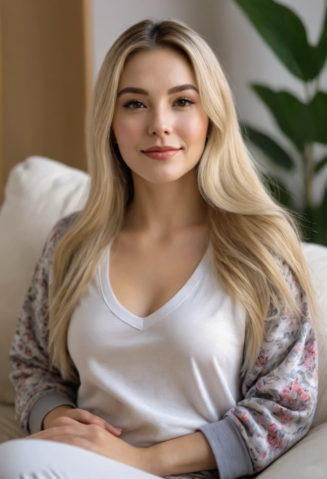 Raw photo, solo female, american, best quality, high resolution, 8K, Best quality, Meisterwerk, Ultra high resolution, (Realismus: 1.4), photorealistic, hyper detailed, beautiful woman with (long brushed silky blonde hair:1.2), taken (webcam photo angle:1.2,), ((wearing complete top and bottom casual loungewear:1.2)) comfy clothing, polar bear patterned graphic, (interior cozy suburban home, (afternoon)), (comfortable), lovely sweet woman, dimples, ultra high res, RAW, relaxed arms, (hands are not in her lap), open, inviting gestures, hands on pillow, warm and pleasant, posting from home living room, snuggling inside, feeling lazy girl, intimate POV, (she's close to webcamera:1.3))、a beautiful woman (High detailed skin:1.2), detailed eyes, stunning eyelash details, perfect hazel pupils, ((video call)), ASMR raw photo, (blushing:1.7,slight smile ), Leica camera quality, Digital SLR, Soft lighting, High quality, FujifilmXT3, afteroon sun、Taken inside her home、Sit down close to her, skin peachfuzz and pore details, radiant、natural Golden blonde hair pulled back, A slight smile、american south Swedish, eye gazing with her, intimate relaxed style photoshoot