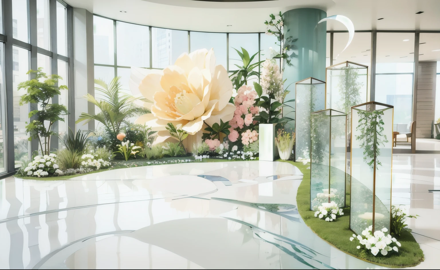 3D rendering of floral installation art with white walls and glass in the lobby of an office building, green, watercolor, light blue-green, floor plan, arch, Planting White Roses, Pillar, wedding, HD quality, high detail, Very detailed, beautiful, architectural shots, Surrealism, Unreal Engine 5