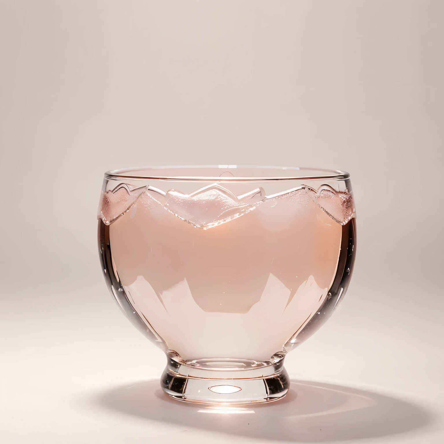 Design of a glass cup in the shape of a platform heel, containing light pink liquid with ice and having a pink background