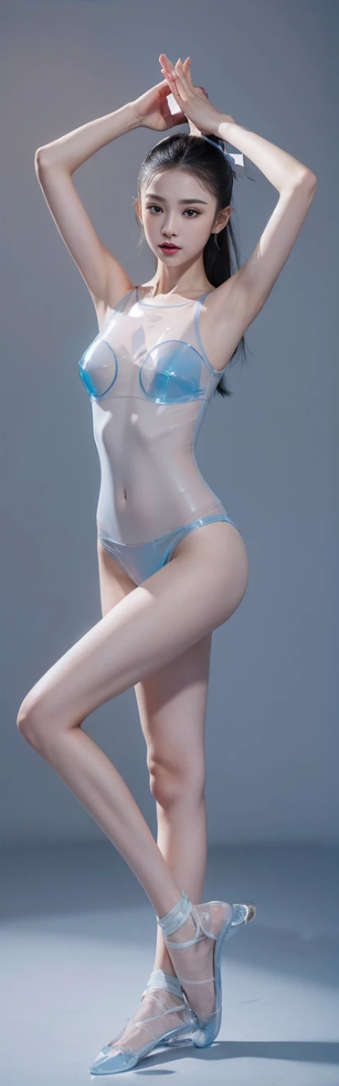 fashion model 18 years old [[[[Close-up cleavage]]]], [[[[]]]], [[[[rape]]]], [[[[Shoulder]]]], perfect eyes, perfect iris，perfect lips，perfect teeth，Perfect skin，Has fair skin，long face，slender nose，girl，((Chinese ballet dancer))，((Blue transparent underwear)),（Keep your feet apart，standing posture:1.4），standing on the water，There is a clear full body reflection，raise your arms，Place your hands behind your head，Keep your eyes on the camera，Body facing camera，A delicate face，Raised sexy，Slim，breast enlargement，hip fat，Show leg length，（full-body shot），gray background，4k ultra high definition, ultra high resolution, (lifelike: 1.4), best quality，masterpiece，（pastel colors：1.2）