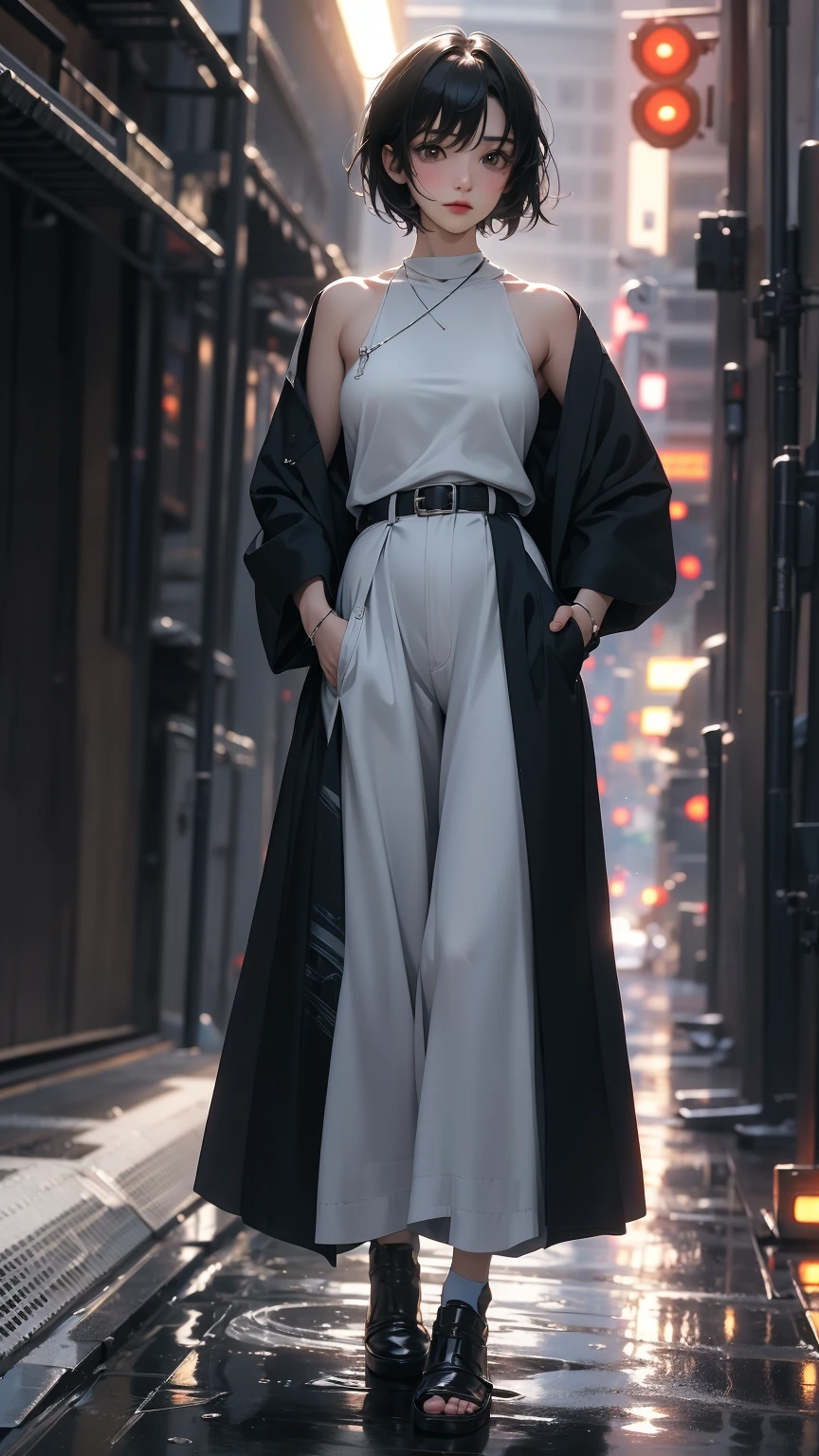 ((Highly detailed CG unit 8k wallpaper, masterpiece, High resolution, highest quality, highest qualityのリアルテクスチャスキン)), ((Hands in pockets pose:1.5, fashion pose:1.2, A cool NY fashion girl influenced by nostalgic and inorganic mode fashion., detailed costume:1.4, Color block tops and solid wide leg pants:1.3, Insertion color, modern, Asymmetrical short hair, Nana Komatsu)), (((blurred background, An empty back alley in New York))), hyper realistic, digital painting, concept art,