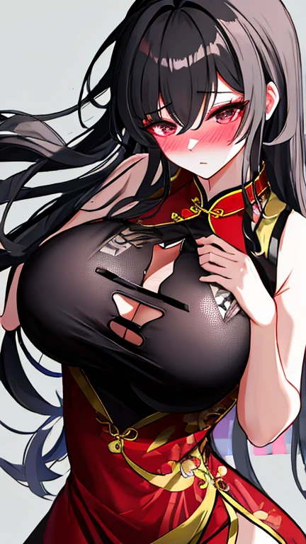 Broken cheongsam,Broken black,Battle damage,seriously injured,huge breasts,blush,Gently gasp