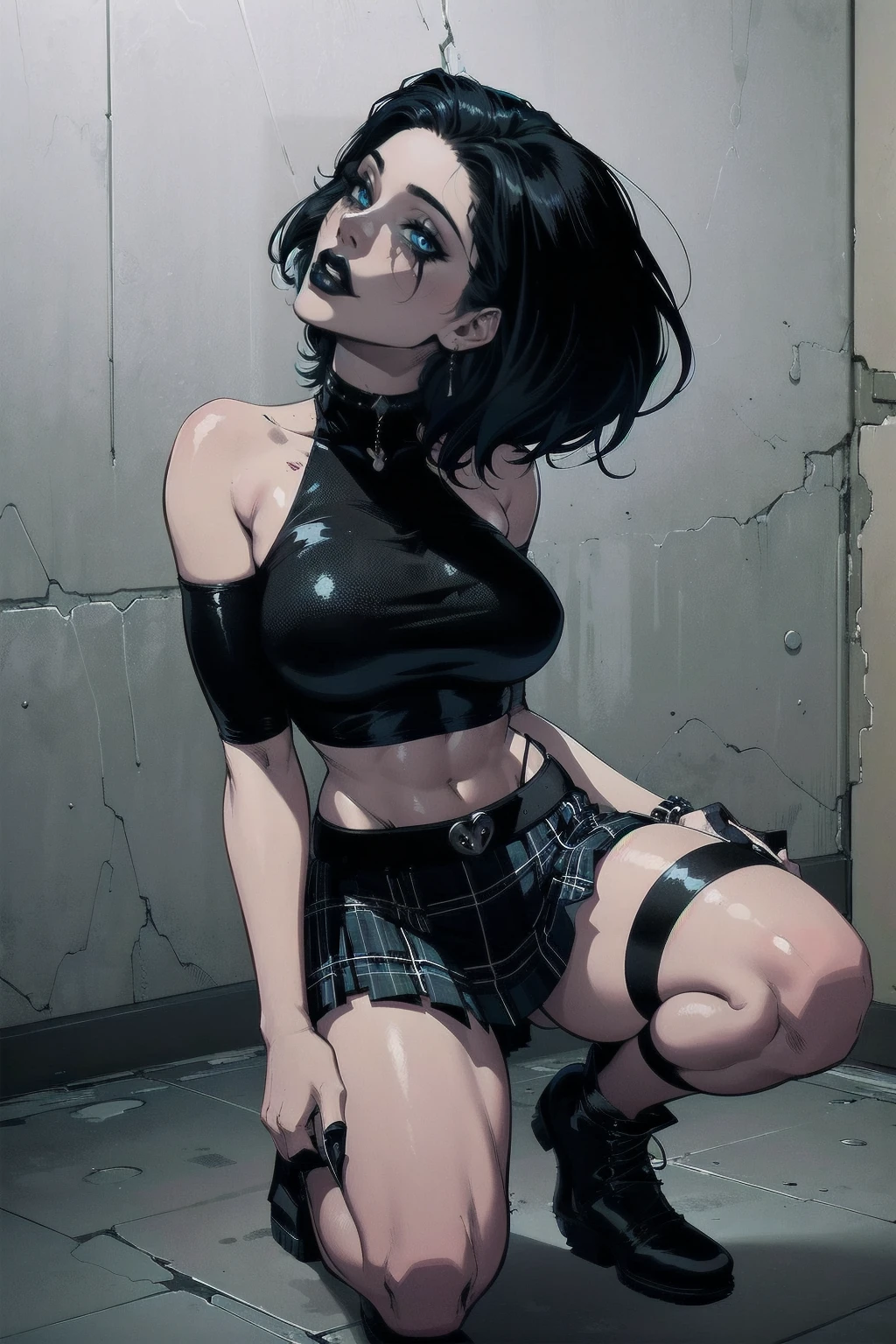 a woman with short black hair, hair on shoulders,  wearing a black cropped  and plaid skirt, blue eyes, zombie art, gothic art, cute aesthetic with vibe, toon aesthetic, wearing red costume, wearing gothic accessories, look like Cassie Hack, whole body, on his knees  ,on his knees holding a skull in his hand, white background