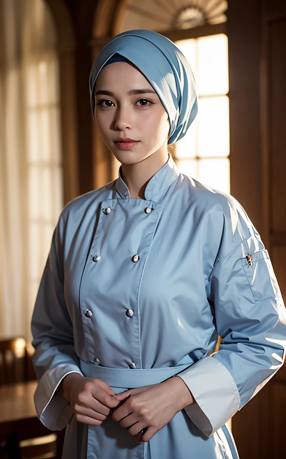 best quality, chef-d'artwork, photoRealistic, Realistic, 1fille, hijab, elegant, beau visage, extremely detailed face, (robe longue colorée:1.2, manches longues), peignoir, gants blancs, ornement de cheveux, tiare, soirée au champ de fleurs, focus sur le personnage, slight smile, debout, dynamic lighting, tir de cow-boy