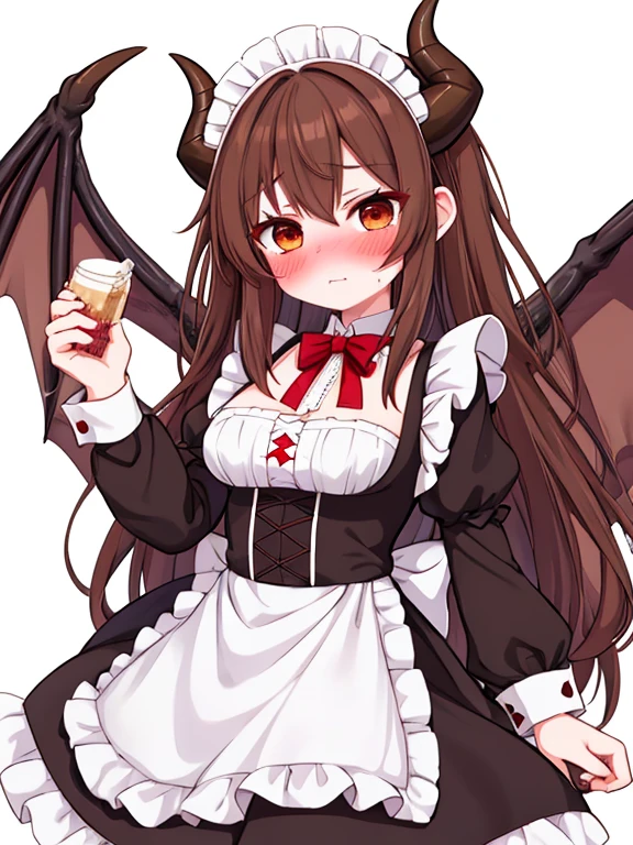 Masterpiece, very detailed, ultra detailed, one, (1 female maid), she's in a maid costume, long black hair with a shade of brown and crooked bangs, black demonic horns, black dragon wings, beautiful, charming, bright and light red eyes, elegant, large breasts, daring and angry smile, charming, against the background of black magic.