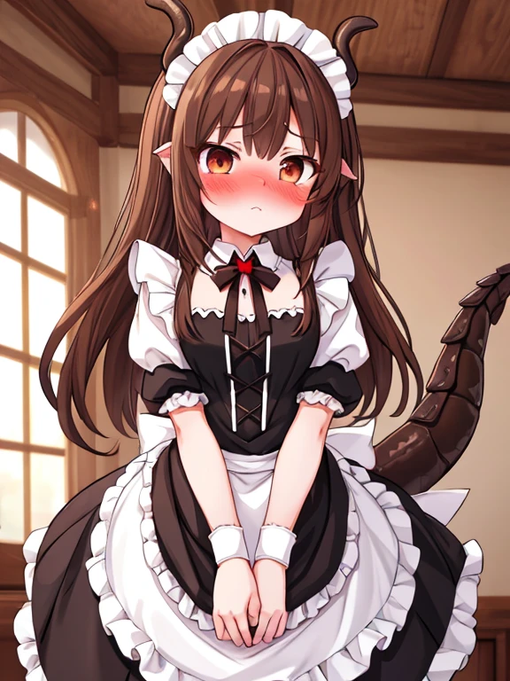 A girl with brown hair and brown eyes White horns and a dragon's tail Cute white Confused blushing maid
