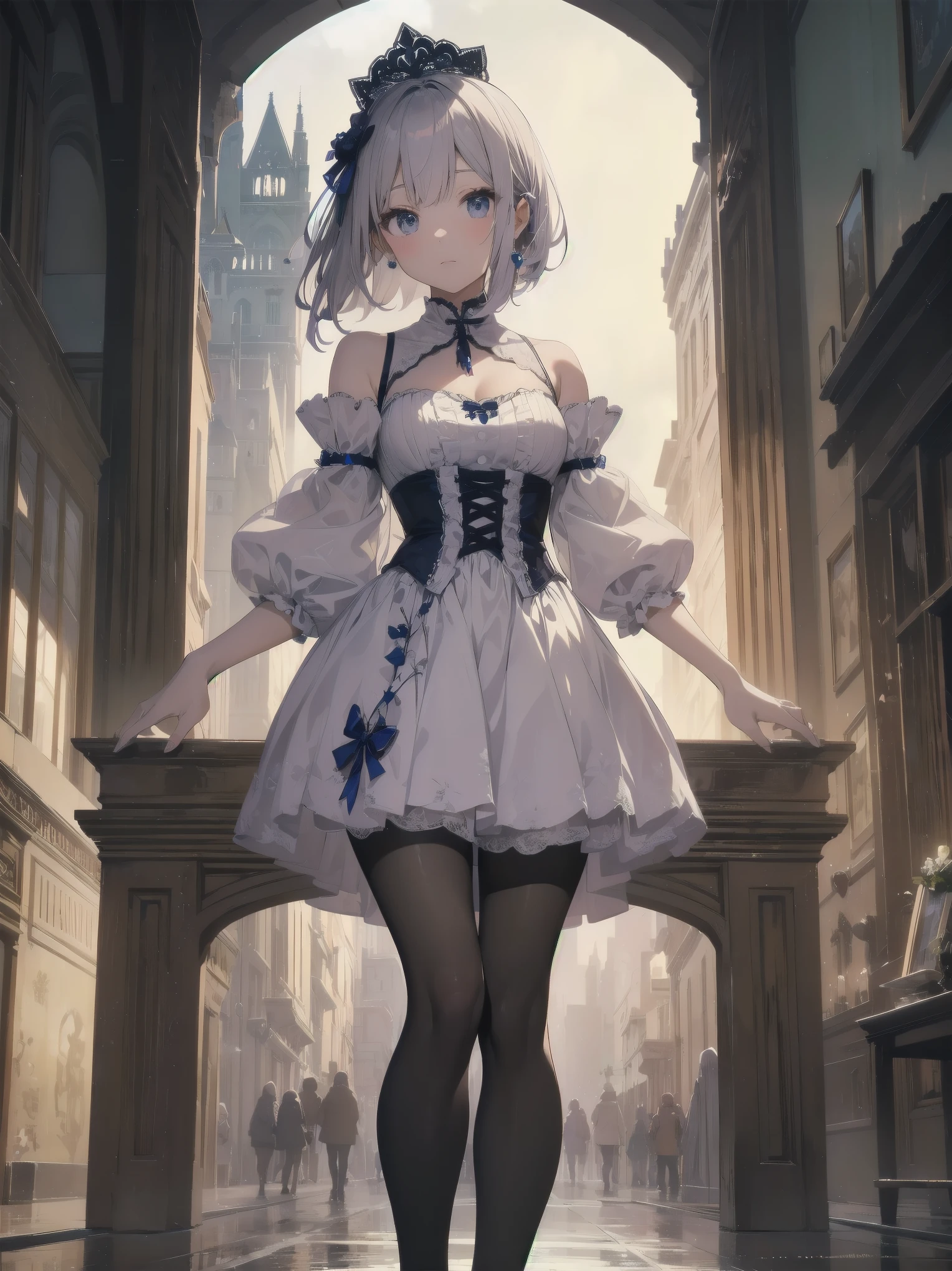  bride: wedding ring shining on ring finger Fusion of medieval European fashion Emphasis on elements of cuteness and adoration Posed illustration of the overwhelming cuteness of the character in the foreground Overwhelming architectural and cityscape background Ultra-detailed, rich, contemporary interpretation of medieval Europe and fantasy world Realistic textures, Professional artistic shading and light sources, scene-like cinematography and effects, depth of subject One beautiful girl, super cute, bob cut, side ponytail, perfect anatomy 
Colours: pastel, white, pale purple, blue, gingham check 
Materials: chiffon, lace, satin, velvet, etc. Silhouette: fluffy skirt, A-line, long length 
Decoration: frills, ribbons, lace, pearls, embroidery etc. Coordinates Romantic princess: pastel dress, lace blouse, fluffy skirt, ribbon hair accessory, black tights Add accessories and accessories to personalise.