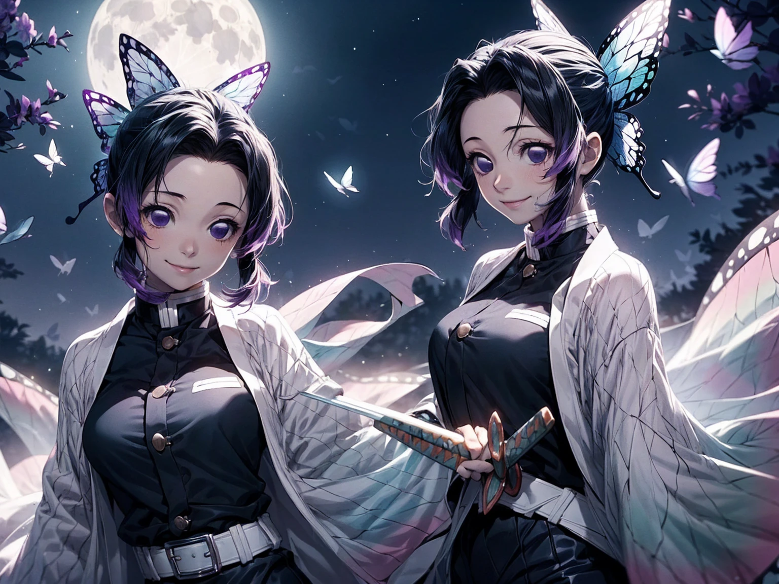 shinobu, Kimetsu no Yaiba manga, 1 girl, smile gently, play with butterflies, dynamic angle shot, ultra detailed, ((hyper realistic)), glittering, moon light, RAW photo,