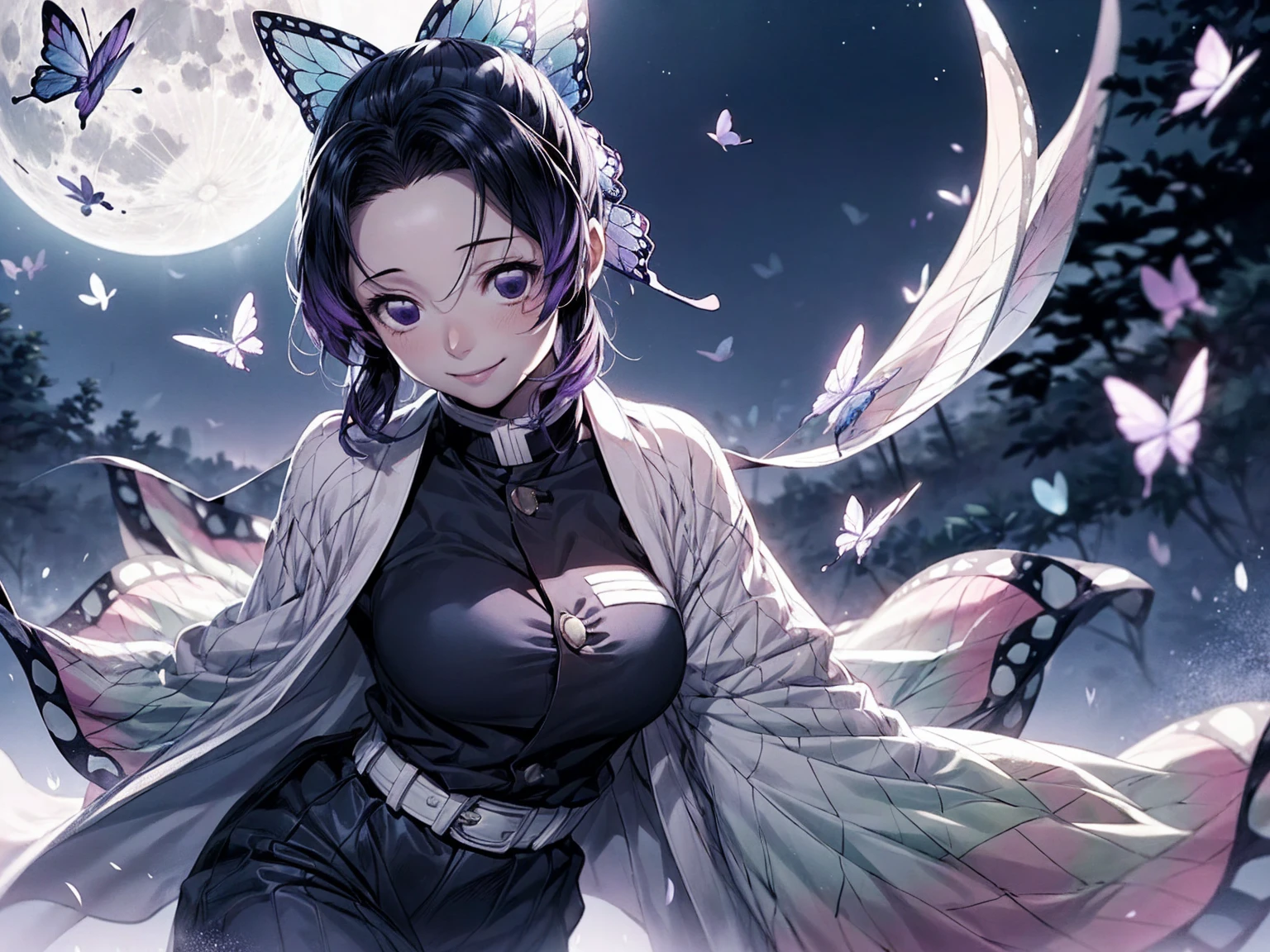 Kochou Shinobu, 1girl,masterpiece, multicolored hair,sleeveless, purple eyes, black jacket,black skirt,uniform, white haori, , multiple butterflies, , laked sunset, lens flare, perfect lighting, highest quality, hands behind, thick thighs, large breasts, cleavage,highest quality, high resolution.