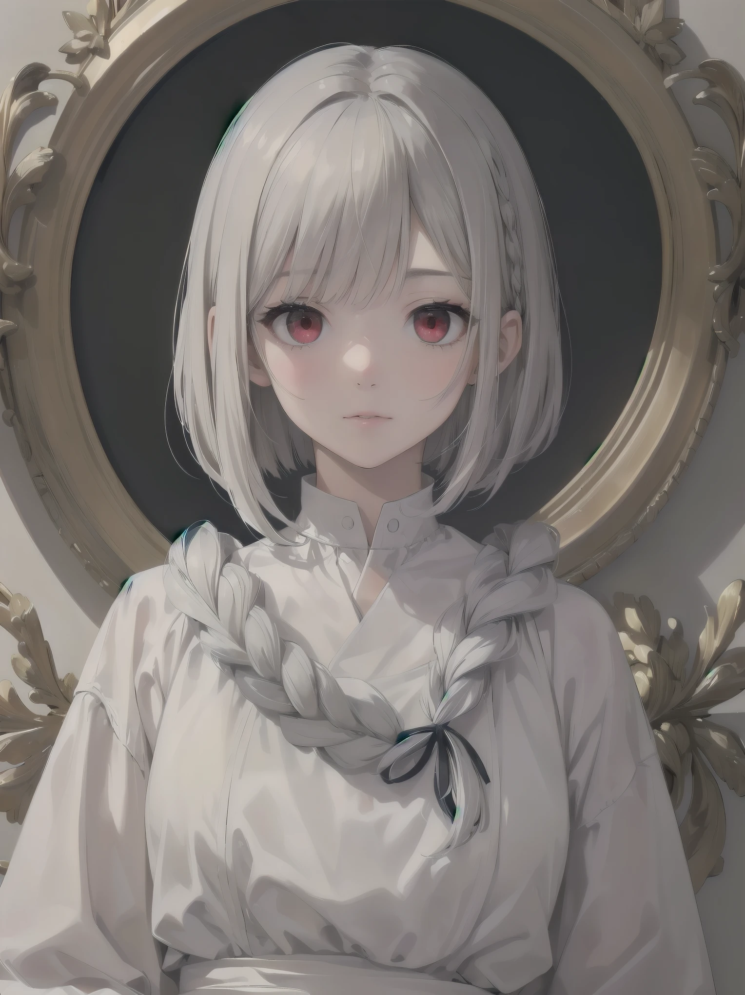 highest quality, masterpiece,gray hair, red eyes,white clothes, look up, Upper body,Fair skin,One-length bob cut with braided braids、cute