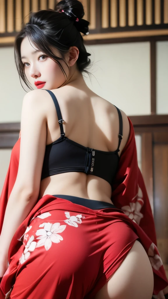 (Very sexy girl wearing sexy ukiyo-e kimono:1.3), lightweight bra, transparent, Black头发颜色头发,, Black stockings, lift your butt,face camera,Black, ring, 4K, HD,looking at camera, almost perfect, Dynamic, The content is very detailed, Brown, sharp focus,glowing skin,Camel toe showing thigh!!!、