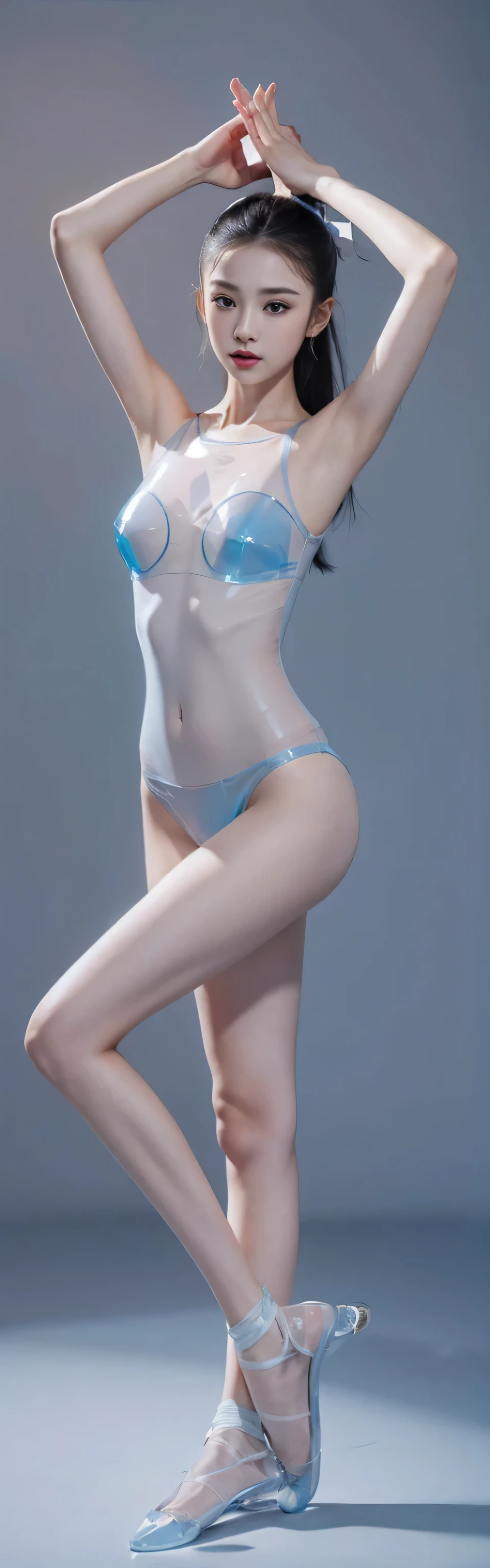 fashion model 18 years old [[[[Close-up cleavage]]]], [[[[]]]], [[[[rape]]]], [[[[Shoulder]]]], perfect eyes, perfect iris，perfect lips，perfect teeth，Perfect skin，Has fair skin，long face，slender nose，girl，((Chinese ballet dancer))，((Blue transparent underwear)),（Keep your feet apart，standing posture:1.4），standing on the water，There is a clear full body reflection，raise your arms，Place your hands behind your head，Keep your eyes on the camera，Body facing camera，A delicate face，Raised sexy，Slim，breast enlargement，hip fat，Show leg length，（full-body shot），gray background，4k ultra high definition, ultra high resolution, (lifelike: 1.4), best quality，masterpiece，（pastel colors：1.2）