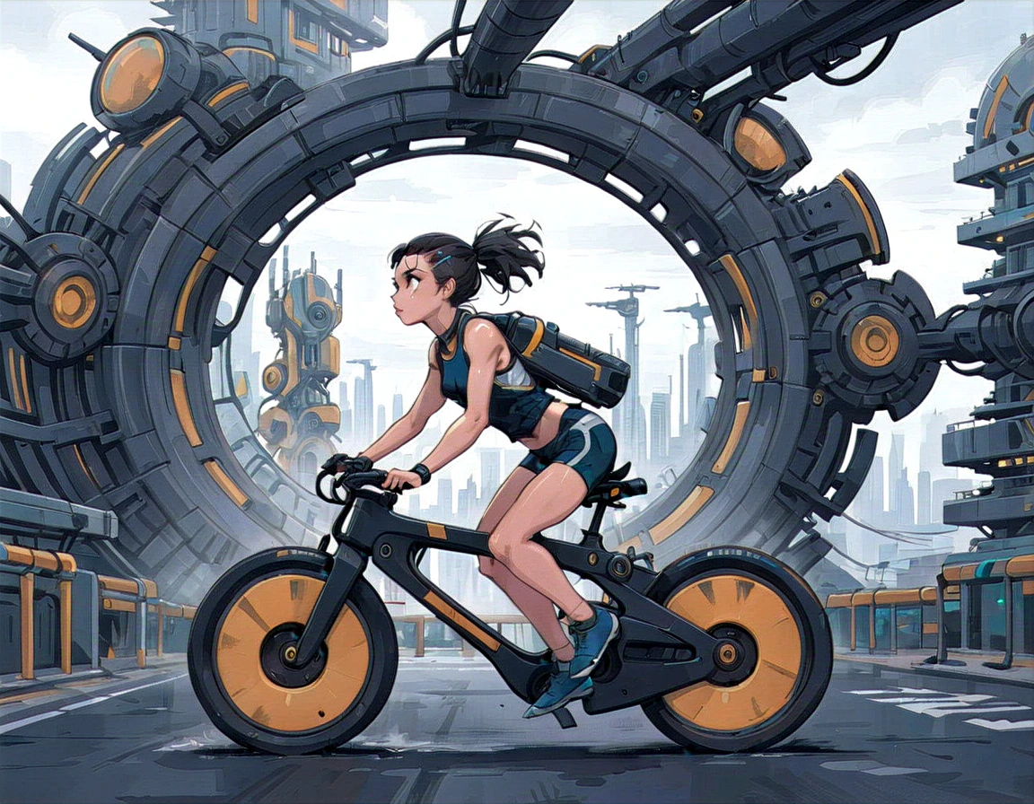 ssta, a girl rides a bicycle, in running shorts, short shorts, A complex machinery structure in a futuristic city