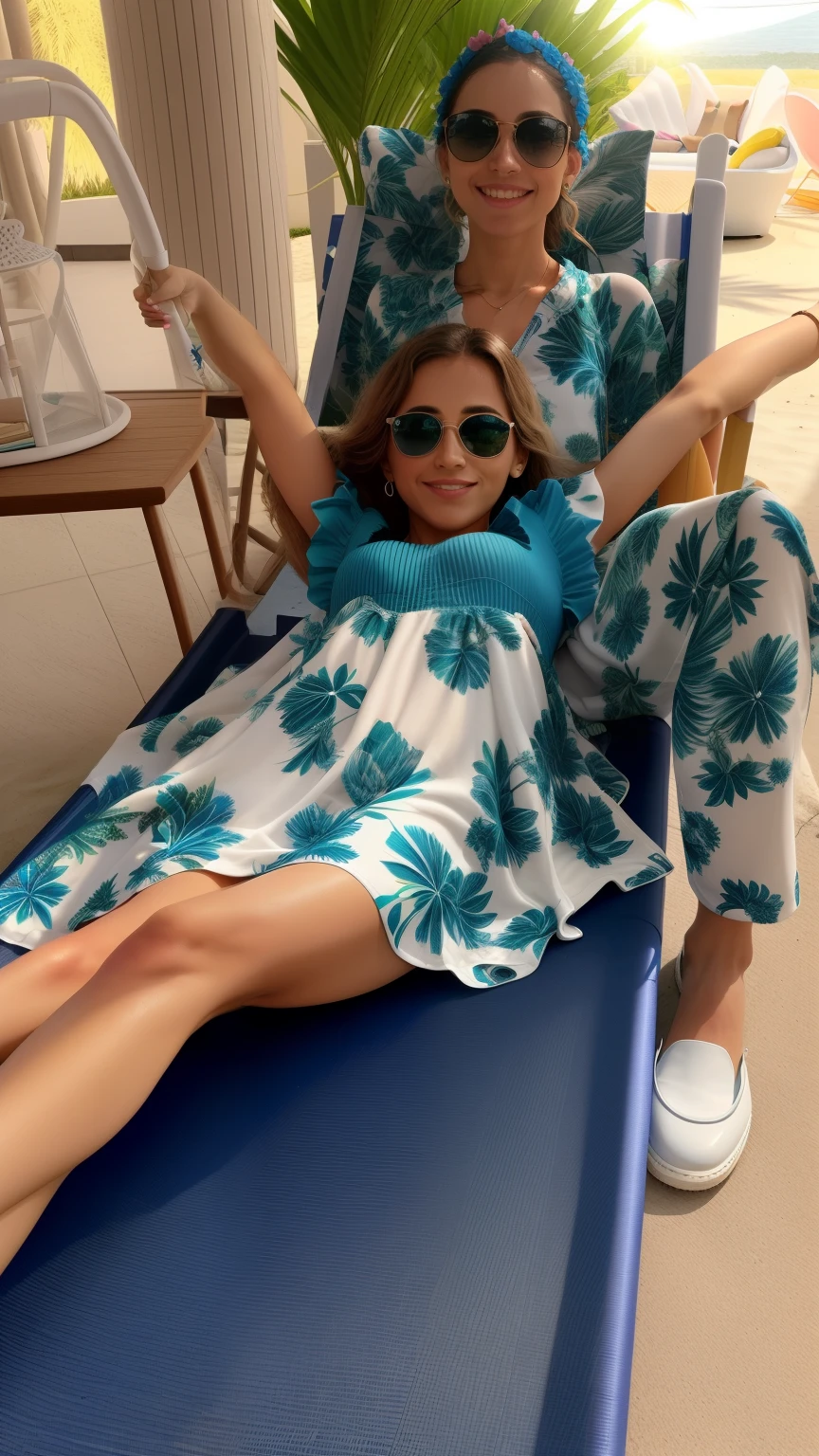 mulher e sentada on a sun lounger azul com óculos escuros, on a sun lounger, 🤬 🤮 💕 🎀, vestida com um vestido florido, se divertindo ao sol, me divertindo muito, wearing a summer dress, vacation photo, 😭 🤮 💕 🎀, relaxing and smiling at the camera, close nas pernas, deitada de costas