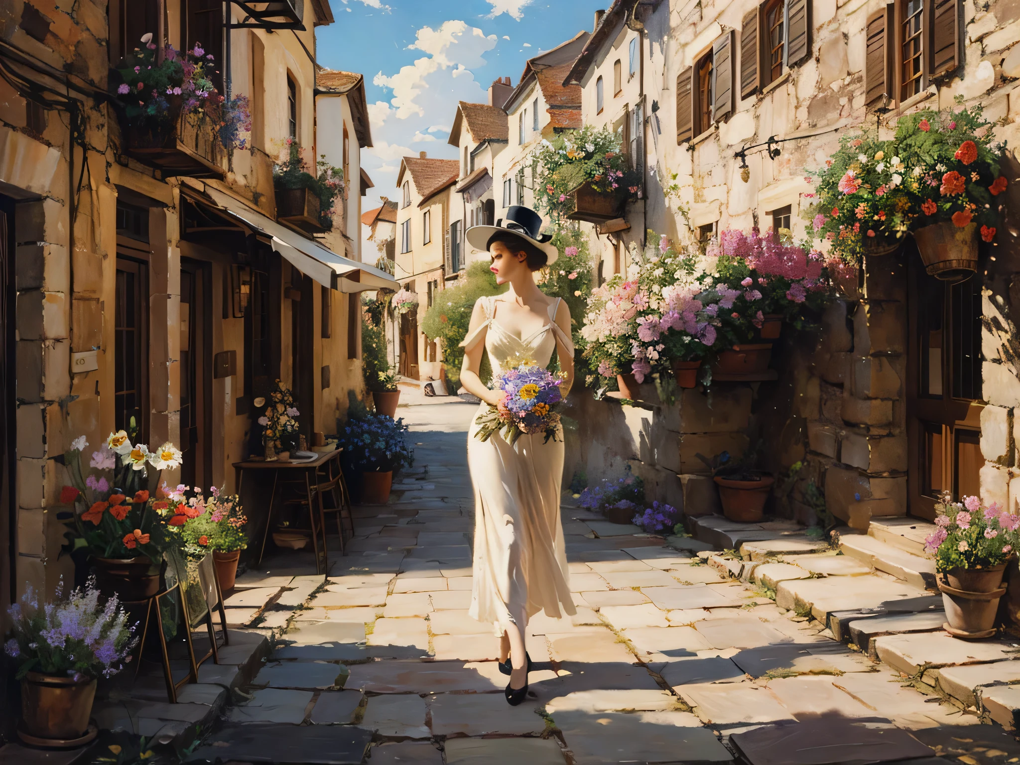 Abbott Fuller Graves，oil painting style，European Town，neighborhood，flowers bloom，A European woman walked by，whole body，Simple and elegant，Holding a bouquet of flowers，Wearing a top hat