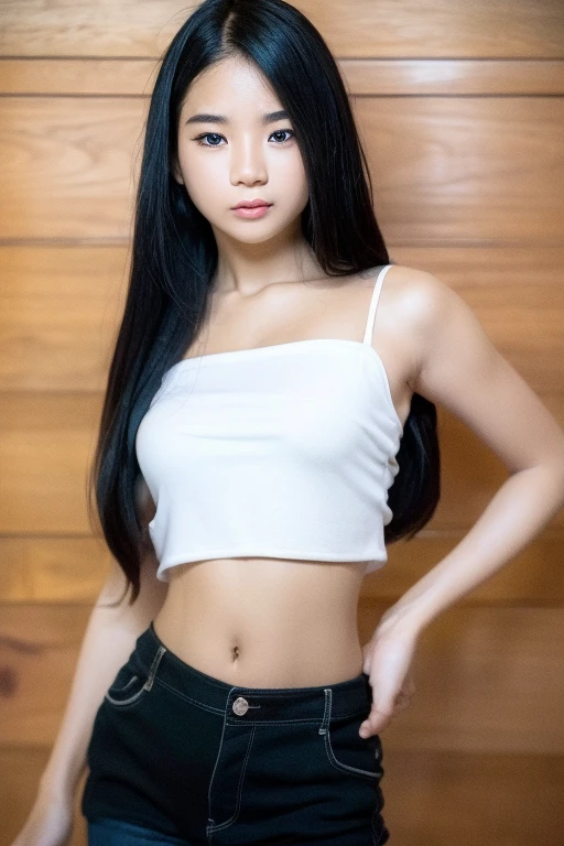 (Best quality:1.4), (ultra high resolution:1.2), (photorealistic:1.4), (8K, raw photo:1.2),(portrait shot:1.3), bmang powder, 1 girl, One, long hair, Black hair, Upper body, White shirt, crop top, navel, NSFW