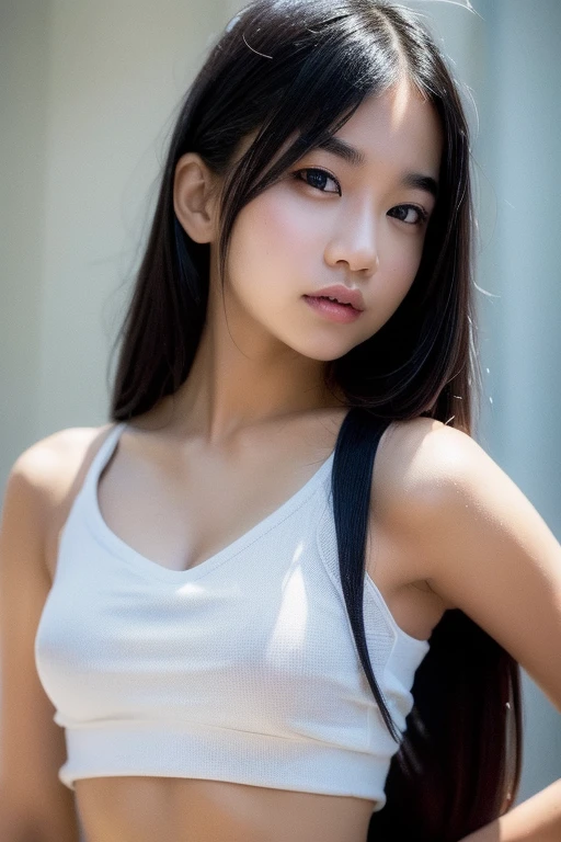 (Best quality:1.4), (ultra high resolution:1.2), (photorealistic:1.4), (8K, raw photo:1.2),(portrait shot:1.3), bmang powder, 1 girl, One, long hair, Black hair, Upper body, White shirt, crop top, navel, NSFW