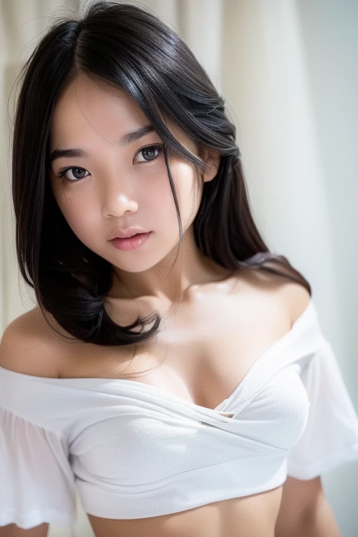 (Best quality:1.4), (ultra high resolution:1.2), (photorealistic:1.4), (8K, raw photo:1.2),(portrait shot:1.3), bmang powder, 1 girl, One, long hair, Black hair, Upper body, White shirt, crop top, navel, NSFW