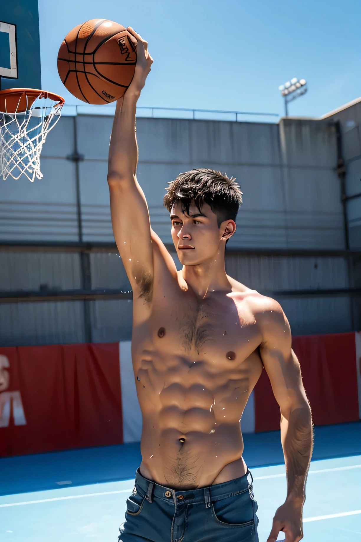 shirtless sweat-drenched 22-year old short black hair caucasian male, tattered jeans, drenched with sweat, playing basketball in an outdoor basketball court 