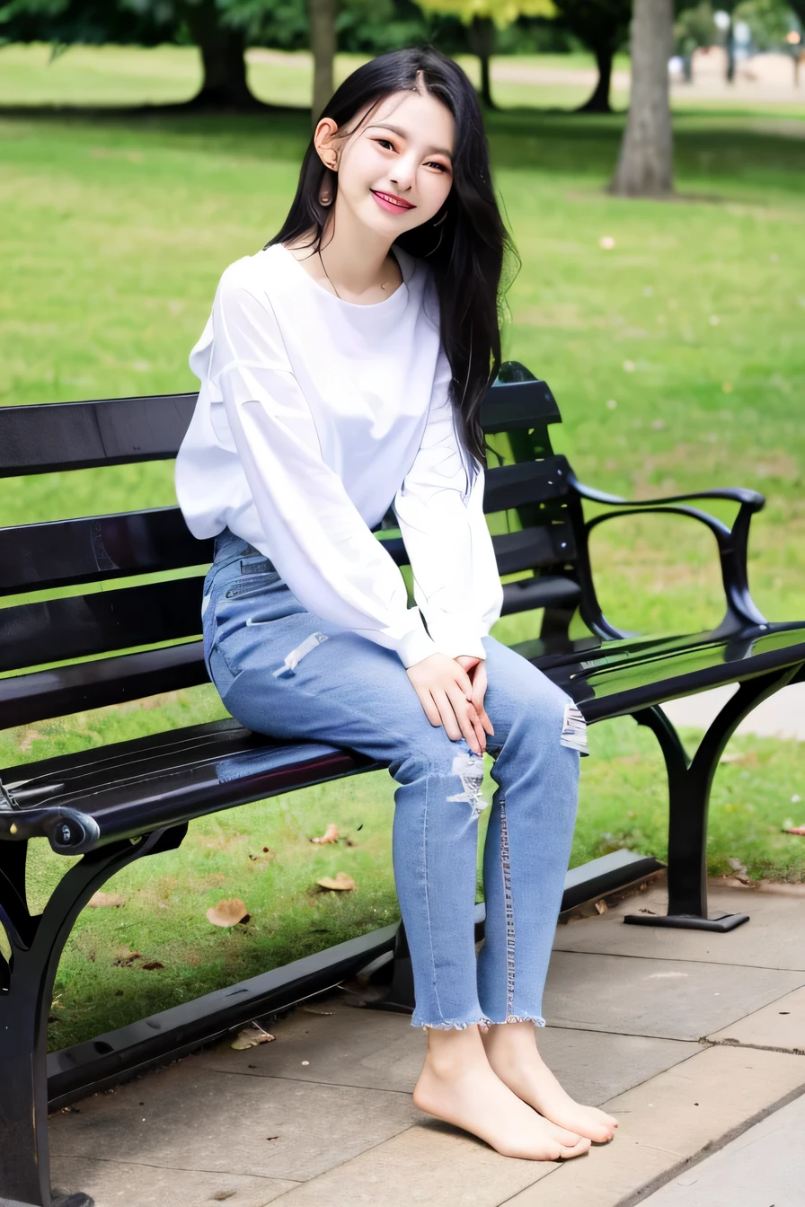 (highest quality)), ((masterpiece)), (get used to it), perfect face、((highest quality)), A neat and beautiful woman sitting on a park bench、long sleeve blouse、skinny denim、I&#39;m not wearing shoes、No shoes、Nails on toenails Black hair、smile、smile showing teeth、full body photo、ear piercing