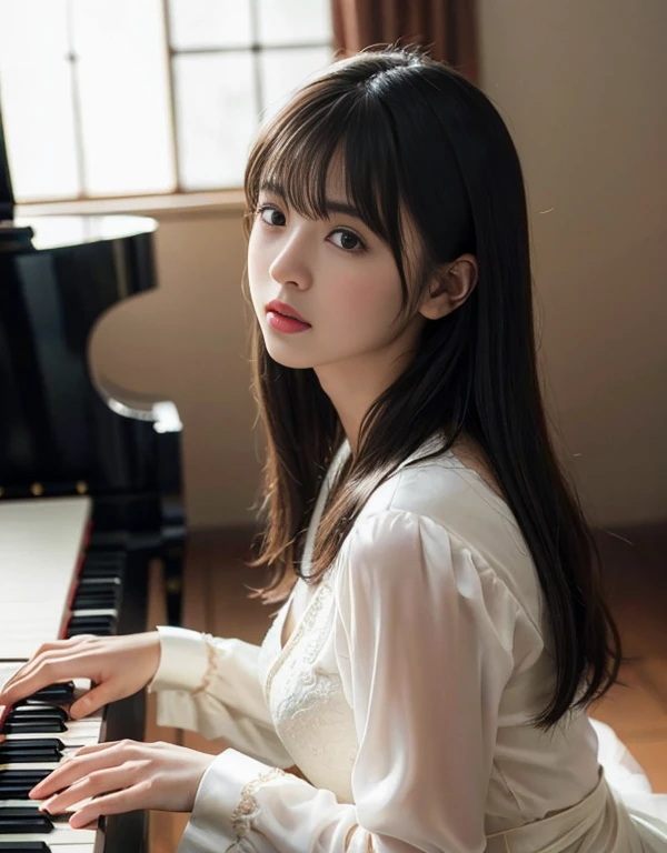 (1 girl)、best quality、masterpiece、ultra high resolution、(Photo realism:1.4)、original photo、(1 girl面向黑色的鋼琴、Straight, black hair、Delicate hair details)、(a black piano、Girl fingers on piano keys、Delicate finger details)shadow、octane rendering、8K、Super sharp、(breast、long sleeve、White tulle、Portrait silk pajamas、Delicate silk details)、(Girl playing piano fingers、Very fine finger details)、realistic light、(There is only one piano in the practice room、girl shining eyes、Looking in the direction of the piano)、小LED、(Girl turning sideways towards the piano.Playing piano with hands on keys.Delicate details of fingers on piano keys)
