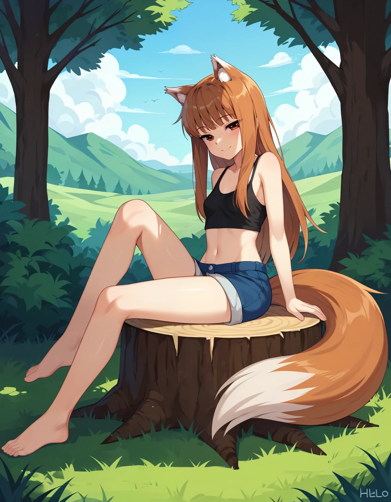 1girl, holo, animal ears, brown hair, long hair, red eyes, wolf ears, wolf girl, small breasts, wolf tail, spice and wolf, BREAK
sitting, looking at viewer, (half-closed eyes), seductive smile, BREAK
day, bare tree, outdoors, tree, tree stump, BREAK
score_9, score_8_up, score_7_up, score_6_up, 