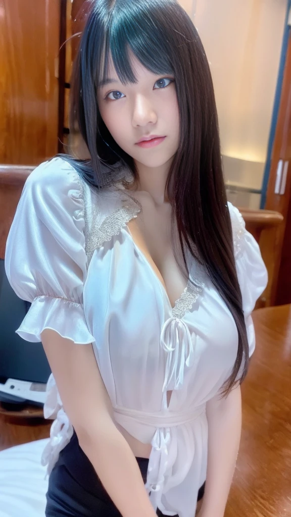 ((highest quality, 8k, masterpiece: 1.3)), 1 Female, The beauty of slim abs: 1.3, (Hairstyle Casual, Big ample breasts: 1.2), Wet Skin, Ultra-fine face, Detailed eyes, double eyelid, smile, Formal shirt, Exposing cleavage, gigantic breasts: 1.3, cleavage: 1.3, Armpits,Leaning,forward, Black Hair,Tight bare legs, Full body description,White skin,mini skirt: 1.3,Girl with perfect body，Long Hair，Inside the room，Fair skin