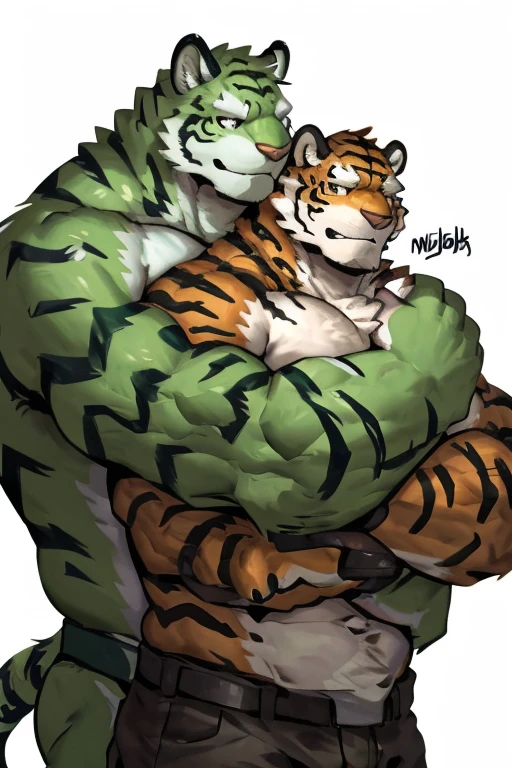 two muscular tiger , furry chest, muscular green tiger hug muscular tiger back, muscular green tiger stand behind, hug from behind, white background, perfect hand, thick furry neck and chest fluff, hand behind head, side view by lindong, by nullghost, front view