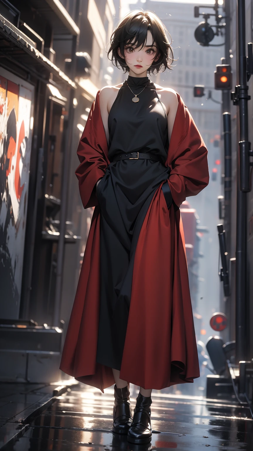 ((Highly detailed CG unit 8k wallpaper, masterpiece, High resolution, highest quality, highest qualityのリアルテクスチャスキン)), ((Hands in pockets pose:1.5, fashion pose:1.2, A cool NY fashion girl influenced by nostalgic and inorganic mode fashion., detailed costume:1.4, Color block tops and solid wide leg pants:1.3, Insertion color, modern, Asymmetrical short hair, Nana Komatsu)), (((blurred background, An empty back alley in New York))), hyper realistic, digital painting, concept art,