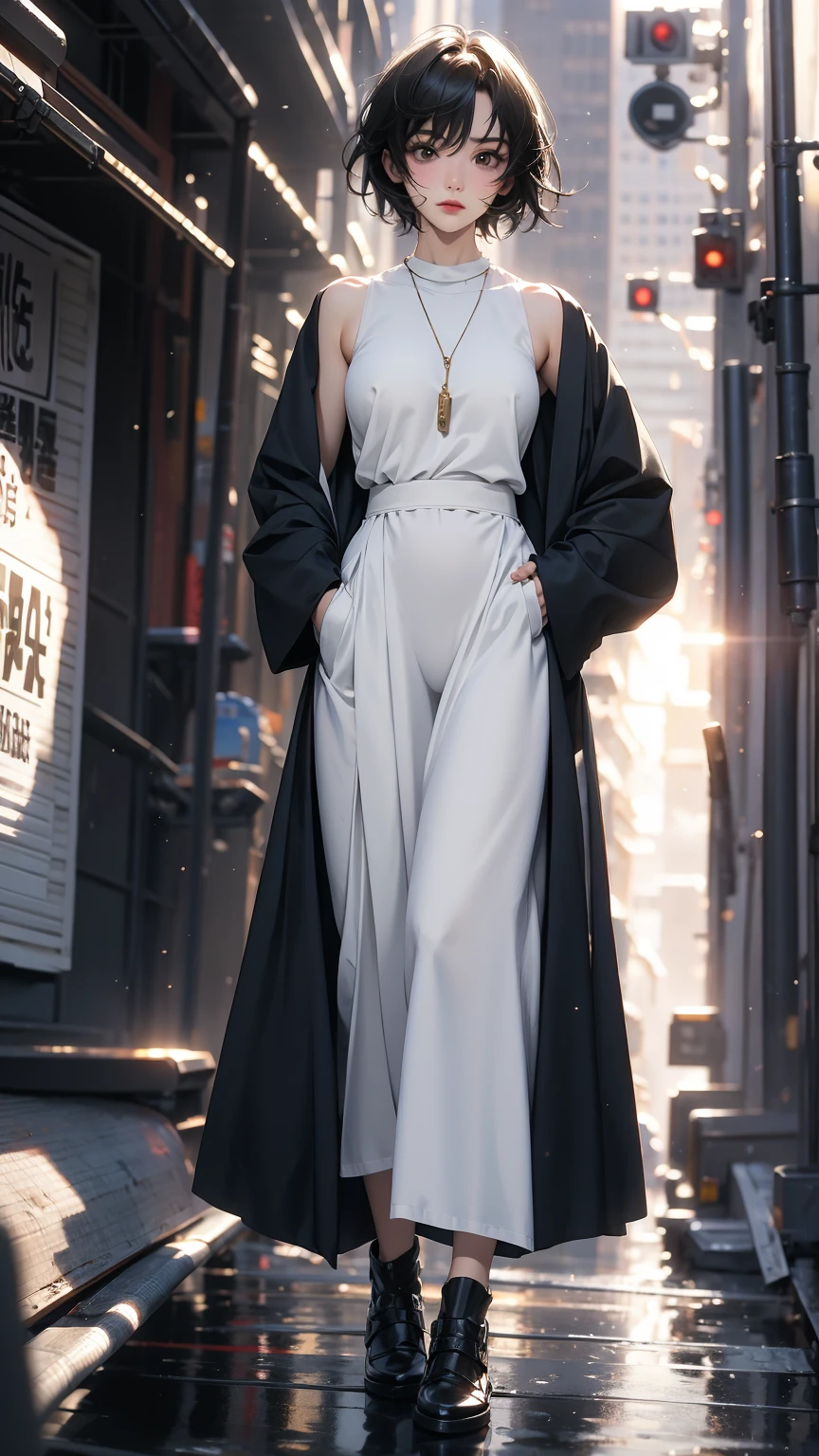 ((Highly detailed CG unit 8k wallpaper, masterpiece, High resolution, highest quality, highest qualityのリアルテクスチャスキン)), ((Hands in pockets pose:1.5, fashion pose:1.2, A cool NY fashion girl influenced by nostalgic and inorganic mode fashion., detailed costume:1.4, Color block tops and solid wide leg pants:1.3, Insertion color, modern, Asymmetrical short hair, Nana Komatsu)), (((blurred background, An empty back alley in New York))), hyper realistic, digital painting, concept art,