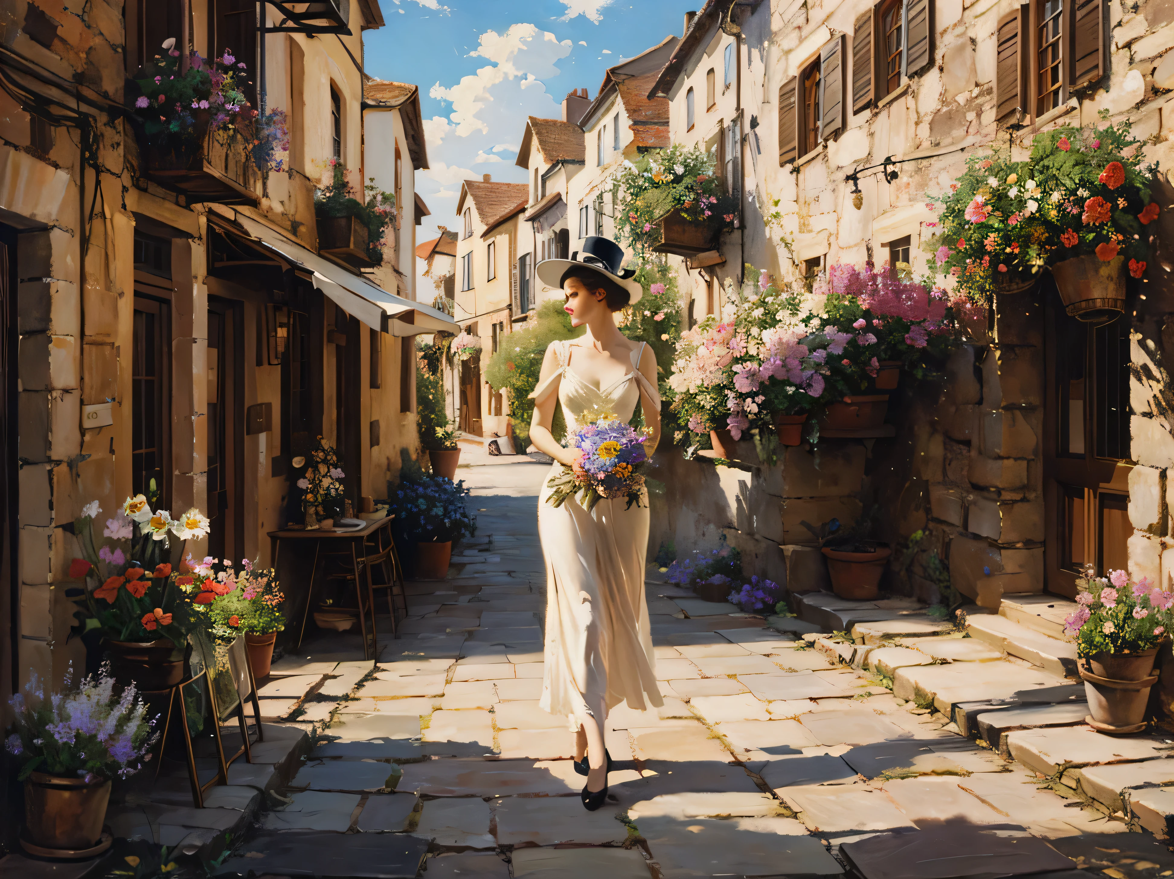 Abbott Fuller Graves,oil painting style,European Town,neighborhood,flowers bloom,A European woman walked by,whole body,Simple and elegant,Holding a bouquet of flowers,Wearing a top hat