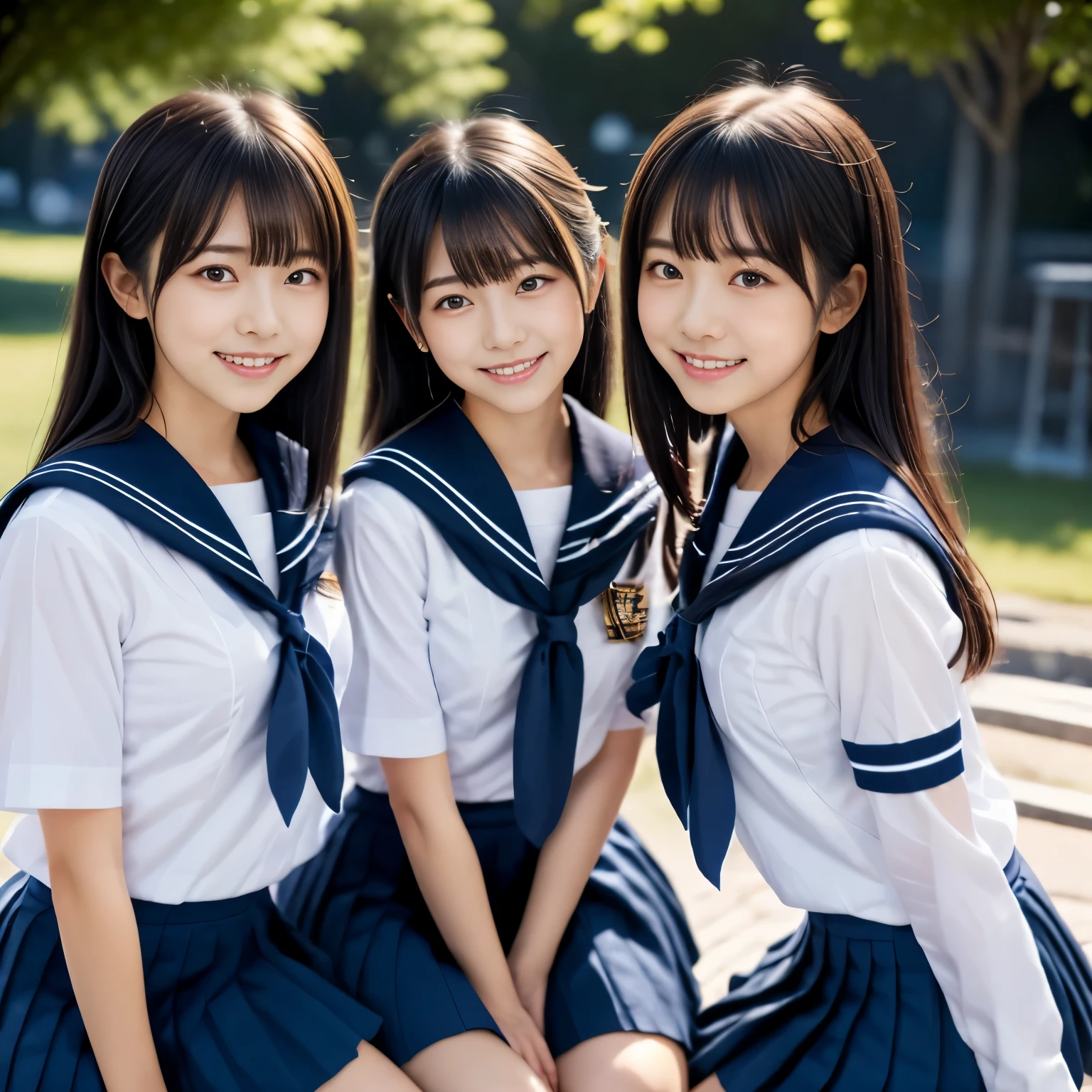 (masterpiece, highest quality:1.2), ((4 Japanese girls:1.4)) ,14 years old、 cute, Idol style, ((white shirt, sailor , navy pleated skirt:1.2)) ,((sit on a chair)), black hair, beautiful nipples、small and beautiful breasts, (school classroom), smile, 8K,(Variety of faces and hairstyles:1.3)、long hair, bob hair、ponytail hair, short hair, (super realistic images),　