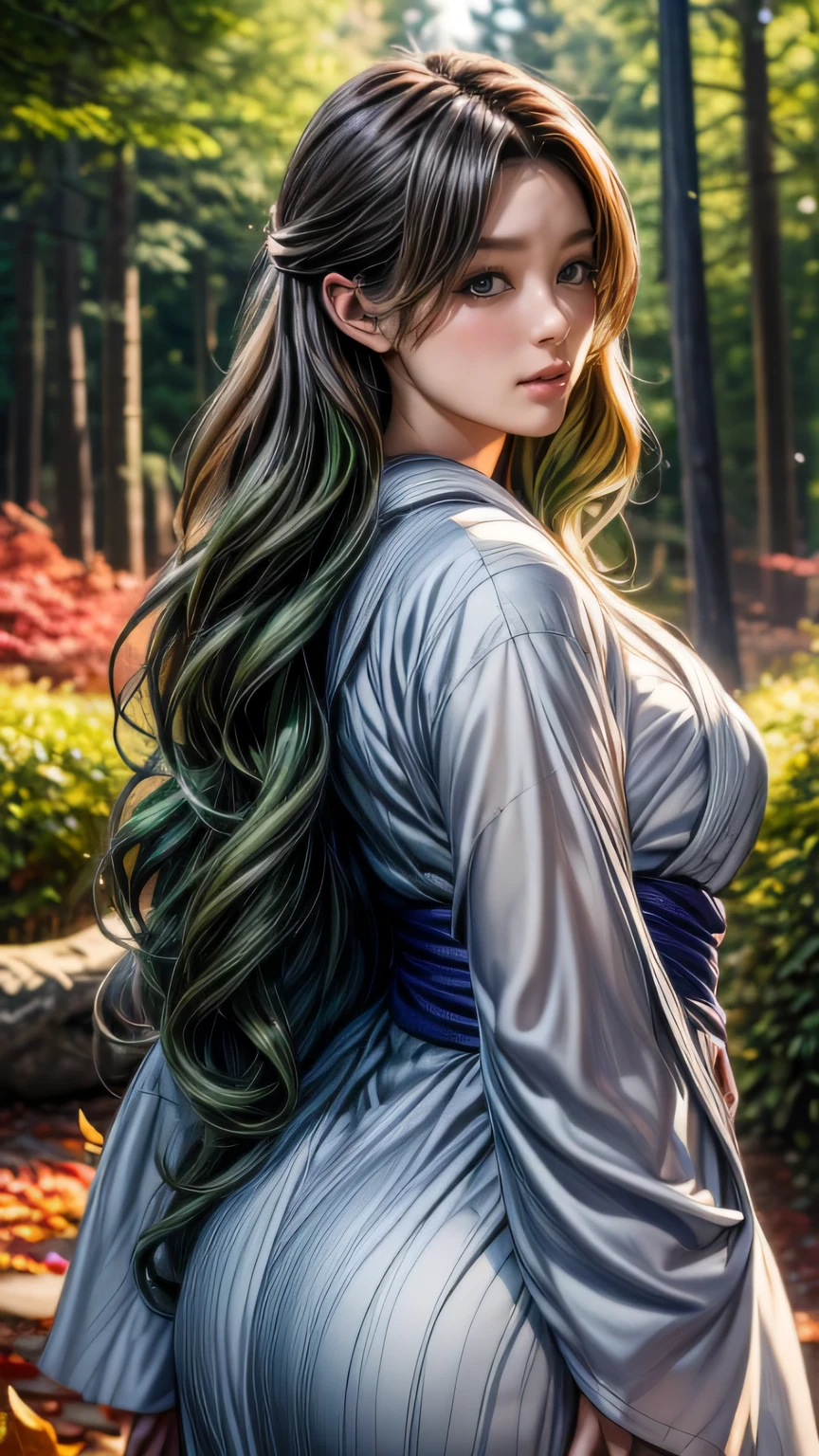 Photographed in a forest of autumn leaves、High resolution photos。Gorgeous young woman posing、Surrealistically drawn in Unity 8k。she is slender and curvaceous、Long curly hair flowing down her back、With detailed faces and eyes、It looks like it shines in the dark。(She is black・green・Wearing a white bell sleeve yukata)、1 girl, ((masterpiece、highest quality、Super fine、High resolution))、4K quality、((Beautiful woman))、22 years old、wet skin、shining eyes、perfect eyes、((Beautiful Nordic girl))、((long wavy hair))、Portrait、(((Wearing a bell sleeve yukata)))、masterpiece、highest quality、Super fine、High resolution))、4K quality、