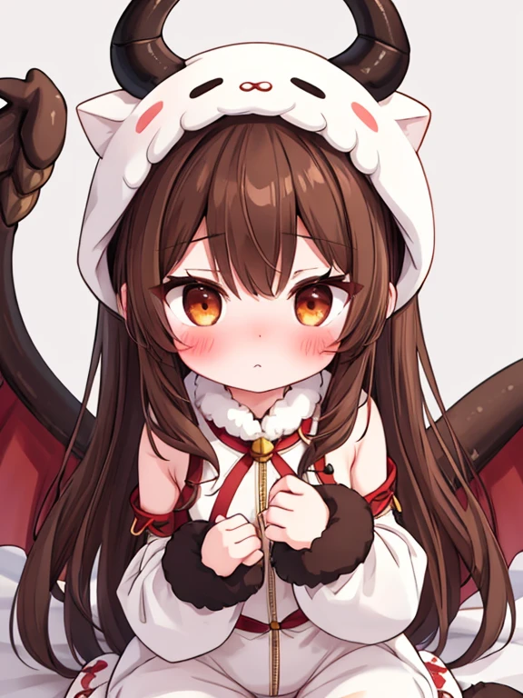 A girl with brown hair and brown eyes White horns and dragon tail Cute white Confused blush in neko costume