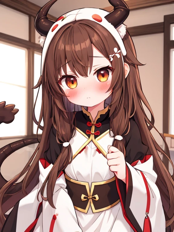 A girl with brown hair and brown eyes White horns and dragon tail Cute white Confused blush in neko costume