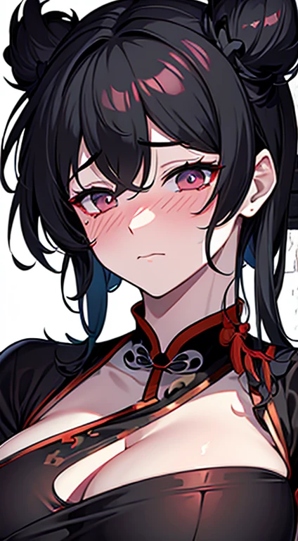 Broken cheongsam,Broken black,huge breasts,blush,Gently gasp,damaged clothes,holes in clothes,Battle damage,seriously injured