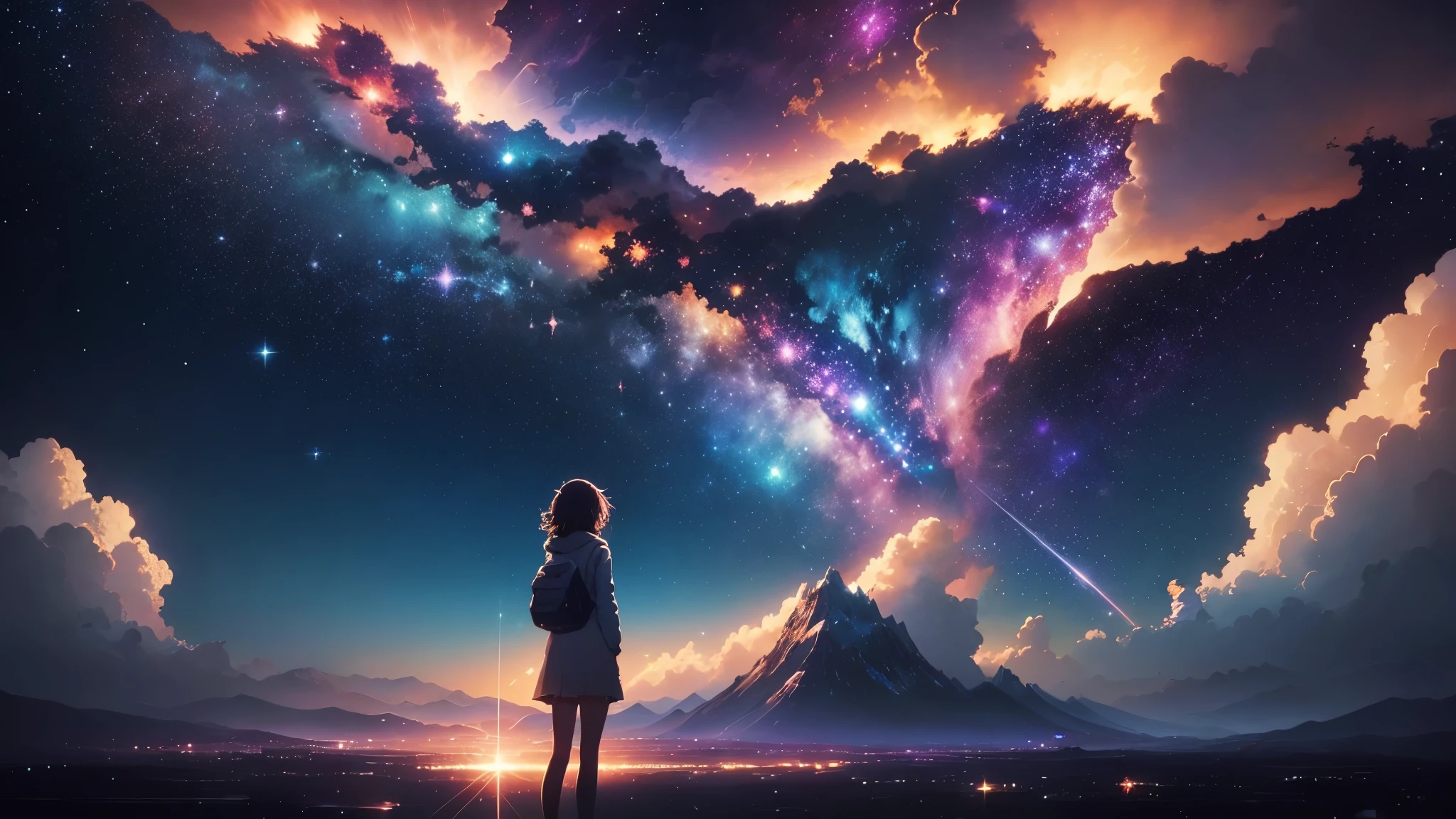 (((1 girl)))Starry sky with a girl looking at the stars, girl looks at the space, anime girl with cosmic hair, cosmos sem fim no fundo, girl in space, beautiful girl on the horizon, Makoto Shinkai Cyril Rolando, looking out into the cosmos, Anime art wallpaper 4k, Anime art wallpaper 4 K, Anime art wallpaper 8 K, on a galaxy looking background、and soul、By Shinkai Makoto、Vision、landscape、vanishing point、outrageous solution、High resolution、super detailed、The upper half represents the universe、fantasy、magic、big、prisma、beautiful lighting、bright lighting、soft lighting、Lots of sparkling magic lights、rainbow light、(spark:0.7)、A masterpiece of high quality, landscape,bright starry sky,pixiv, concept art, Lofiato style, reflection. by Makoto Shinkai, Lofiato, beautiful anime scene, Anime landscape, Detailed landscape - width 672, (((in Makoto Shinkai's style))), Enhanced details、Anime wallpaper of a girl looking at the sky and starry view,(((shot from behind)))