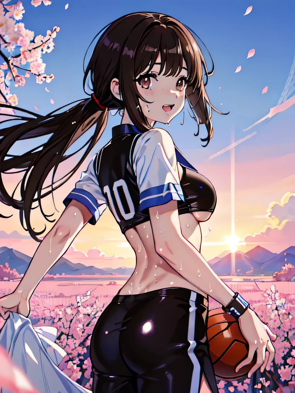 (absurdres:1.5), (anatomically correct), (transparent basketball uniform), (raw photo:1.2), (photorealistic:1.5), (1 cute girl:1.5), ultimate quality, (masterpiece:1.5), extremely detailed CG unity 8k wallpaper, ultra-detailed, detailed puffy eyes and face, (ultimate detailed brown shiny eyes:1.5), (spotlight, perfect lighting, detailed light, dramatic shadow, ray tracing), ((cowboy shot)), (brown low ponytail), (((body dripping with sweat))), gross thick lips, (mega breasts:1.5), slender, ((:d)), digital painting, (fisheye), low angle from side front, blurring cherry blossom scenery background, looking away, windy, rainbow effect, (running away:1.5), photo once in 1000 years, underboobs, erect nipples, sunset