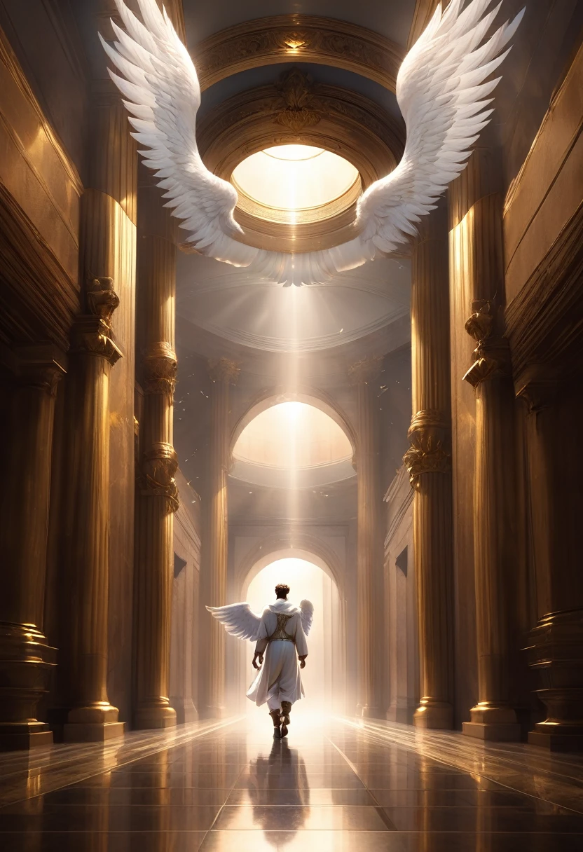 Male angel with wings walking in the cloud hallway with another man going to the door