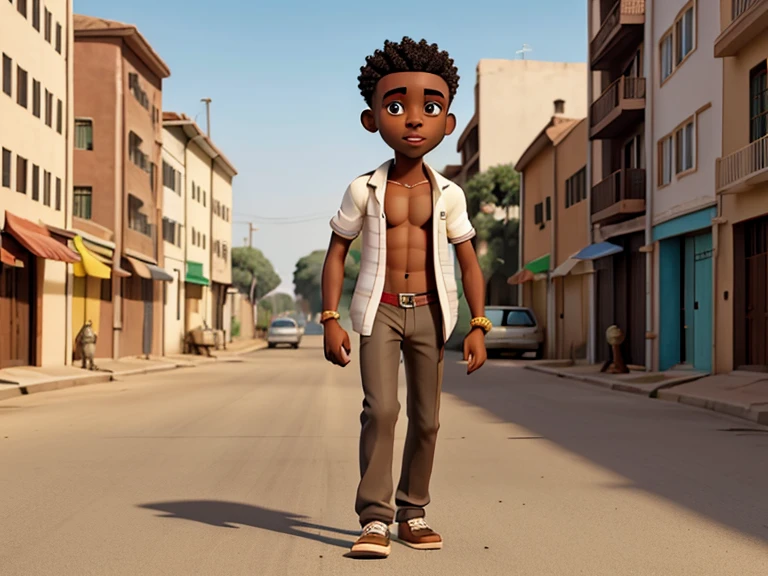 Young African man, sexy, shirtless and beer in hand walking in an empty street 