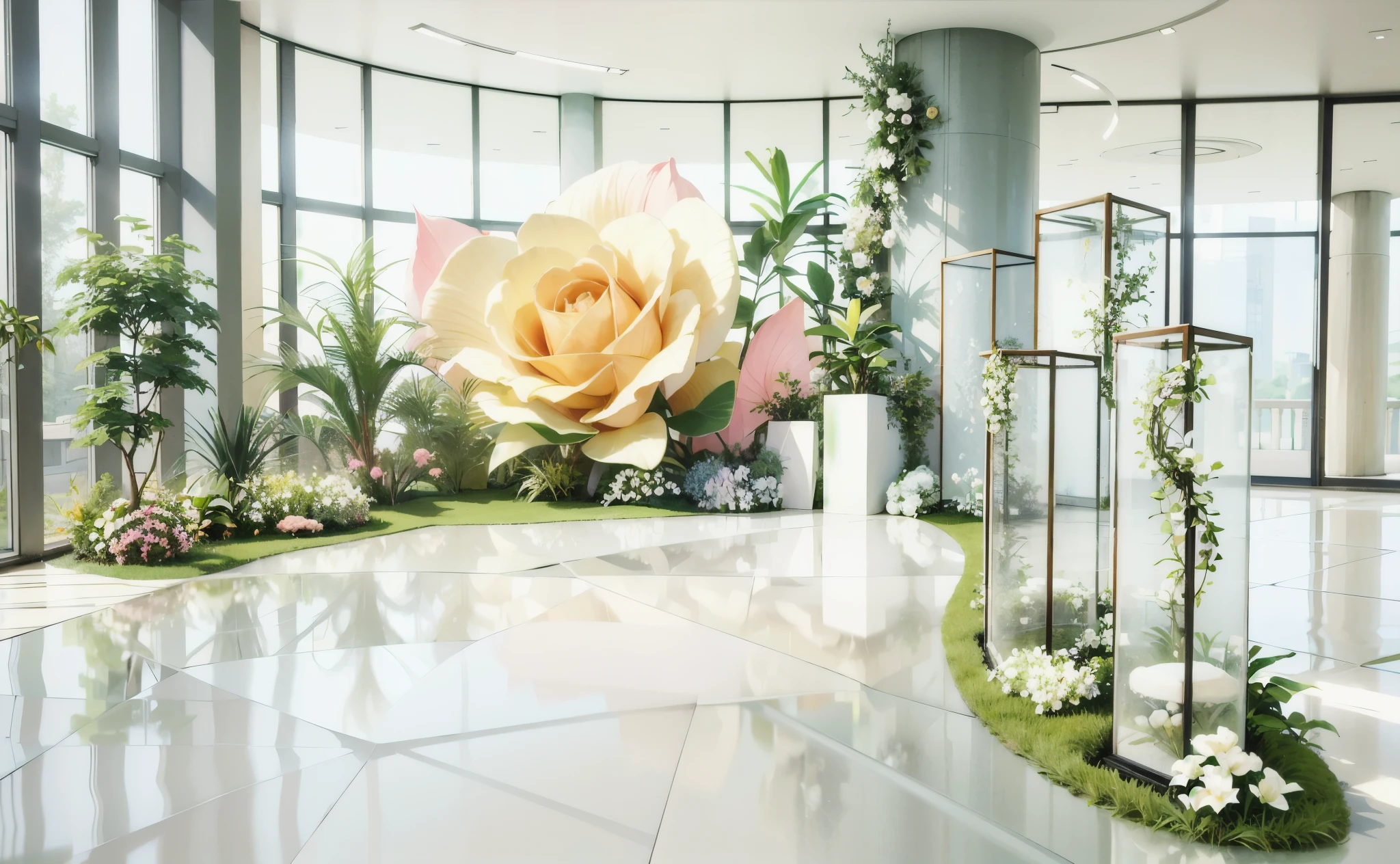 3D rendering, floral installation, event in the lobby of Kengo Kuma's office, green plants and white, inside tall glass cubicles, grass, marble floor with a giant pastel yellow rose, colorful, vines, watercolor,Planting White Roses, Pillar, wedding, HD quality, high detail, Very detailed, beautiful, architectural shots, Surrealism, Unreal Engine 5
