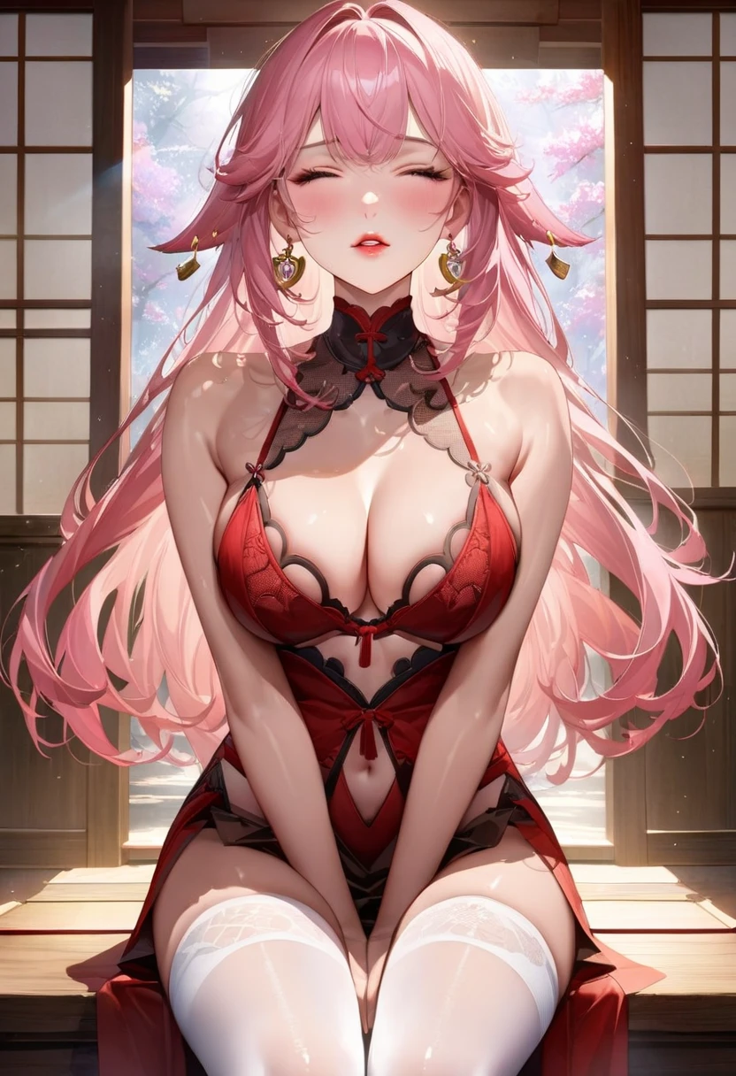 anime style of A saint named Yae is sitting in prayer in a Japanese shrine, yaemiko, pink hair, with flowing long hair, closed eyes, a graceful face, red lips, wearing earrings and jewelry, clasping her hands together, slender figure, revealing cleavage, alluring, wearing fishnet stockings, red transparent lingerie, natural round breasts, smooth white armpits, red lace lingerie, skirt flowing, sheer white stockings, high heels, invoking cosmic energies, enchanted moonlight, casting light magic , radiant dazzling glow, emanates soft pure white light, interspersed with gentle gold and pale yellow hues, shimmers like sunlight filtering through a morning mist, casting a warm, comforting presence, gracefully, beams of light bend and spread, creating a sense of serenity and hope, thigh gap, atmospheric, mist, insanely detailed, masterpiece, best quality, hyper realistic, hyper detailed masterpiece, dynamic, awesome quality, detailed face, detailed body, shiny skin, round breasts, natural breasts, medium perfect breasts, seduce face, seduce eyes, sexy pose, cleavage cutout, Perfect Hands, perfecteyes