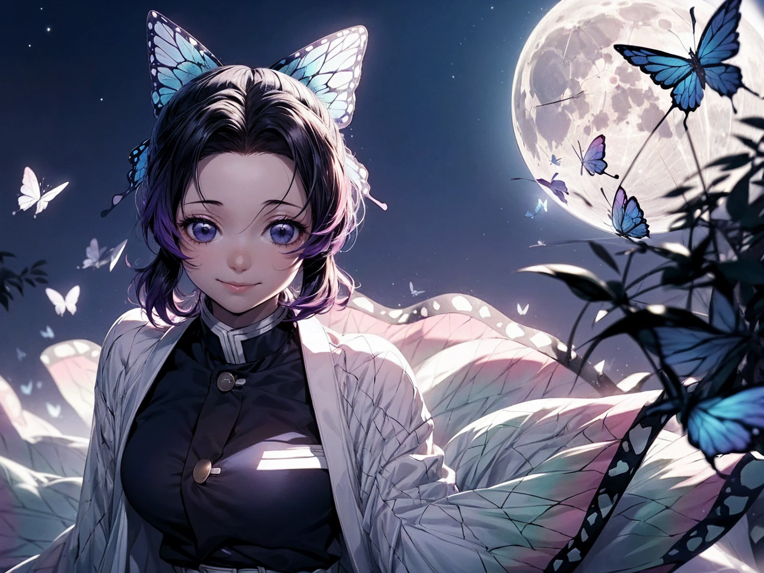 shinobu, Kimetsu no Yaiba manga, 1 girl, smile gently, play with butterflies, dynamic angle shot, ultra detailed, ((hyper realistic)), glittering, moon light, RAW photo,