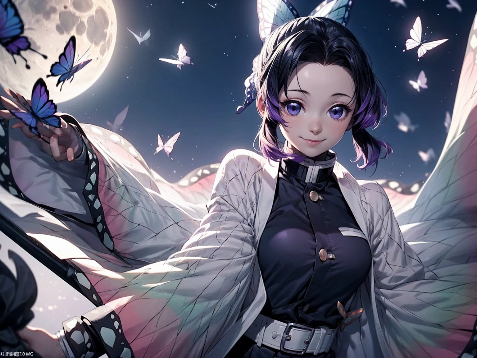shinobu, Kimetsu no Yaiba manga, 1 girl, smile gently, play with butterflies, dynamic angle shot, ultra detailed, ((hyper realistic)), glittering, moon light, RAW photo,
