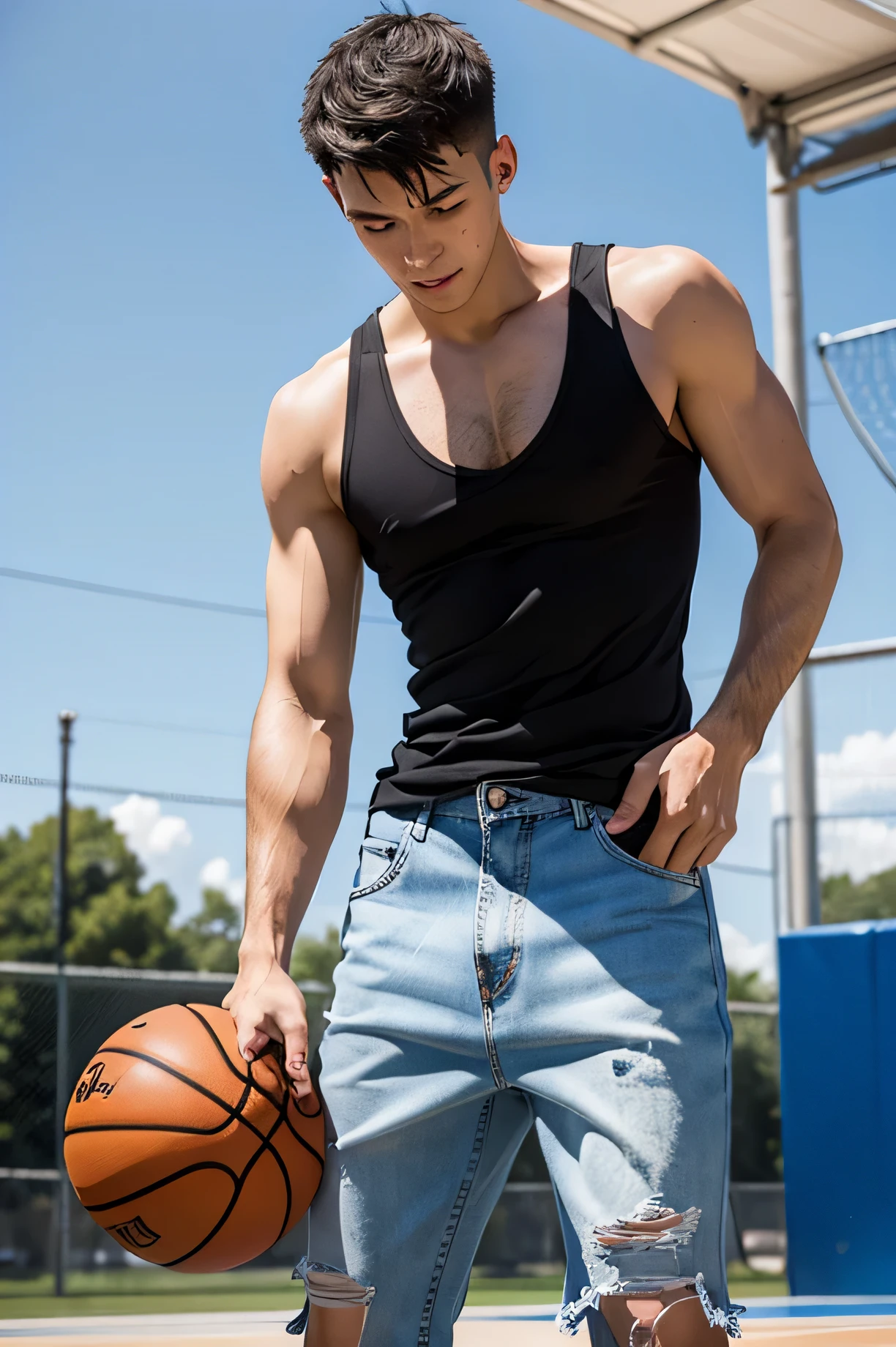 shirtless sweat-drenched 22-year old short black hair caucasian male, tattered jeans, drenched with sweat, playing basketball in an outdoor basketball court