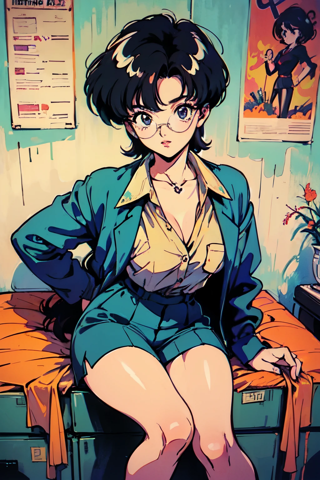 (80's, retro, poster:1.5), (masterpiece, best quality), (anime, illustration), (pastel colors:1.4), 
best photo pose, dynamic angle, High quality, High resolution, High detail, Haruka has short, sleek black hair, sharp brown eyes behind glasses, and a composed demeanor. She is often seen wearing the school's formal uniform with impeccable precision, haughty, above knees picture 80’s anime vintage style, grey background
